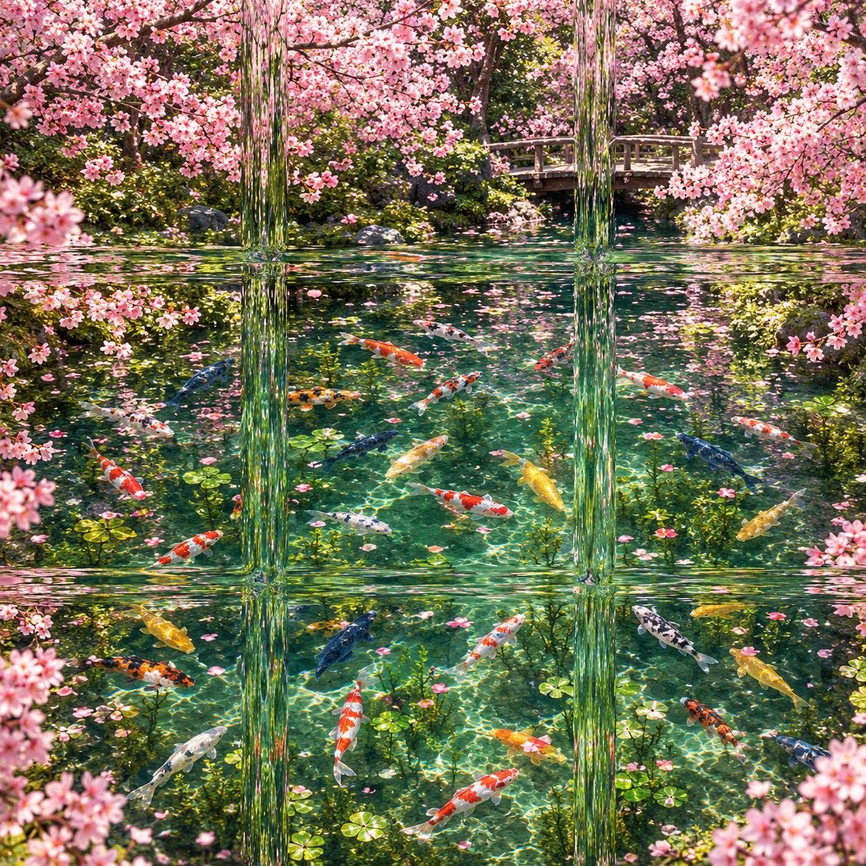 桜舞う九面水鏡の鯉池
